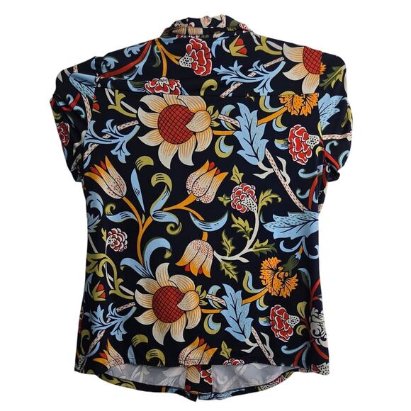 BCBGMAXAZRIA Blouse M Navy Blue Multicolor Floral Print Short Sleeve Top - Picture 2 of 9